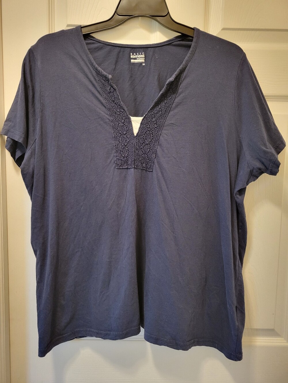 Womens Sz. 3X Navy Top With Lace Trim